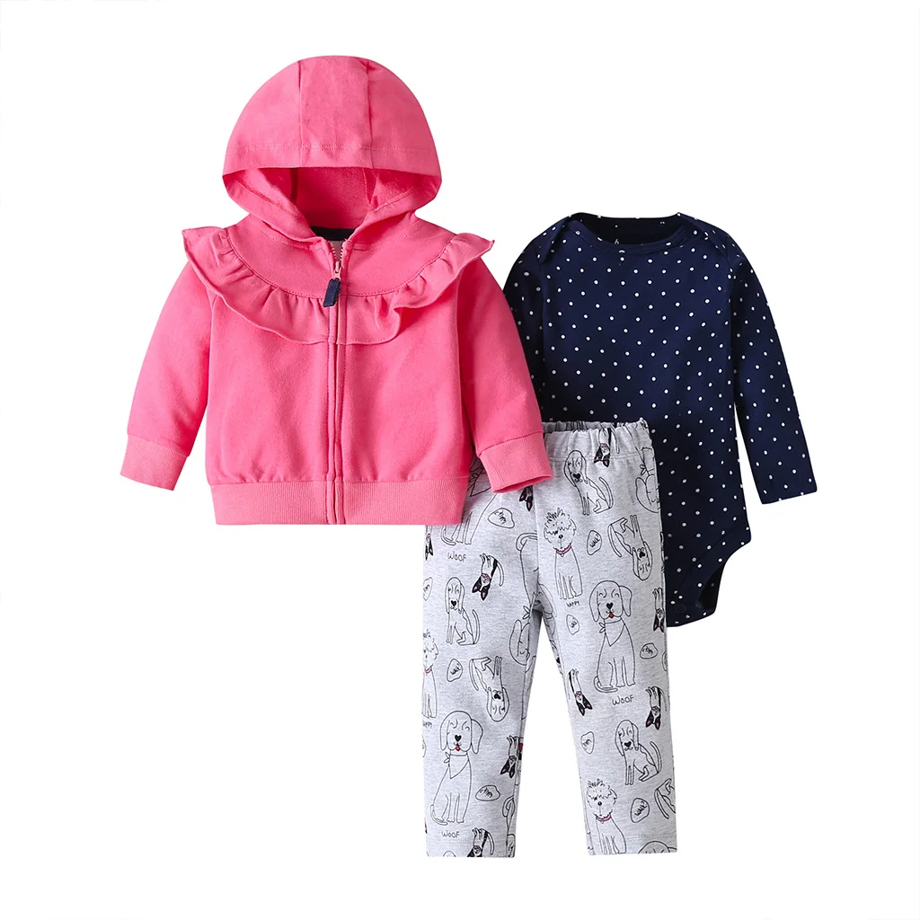 Одежда для маленьких девочек куртка с капюшоном и длинными рукавами+ боди с цветочным рисунком+ штаны, коллекция года, модная одежда для новорожденных осенний комплект одежды на молнии для младенцев