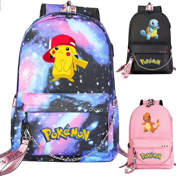 

New Boys Girls Kids School bag Cartoon Pikuchu Charmander Prints Women USB Chain Backpack Canvas Men Bagpack Packsack Bookbag