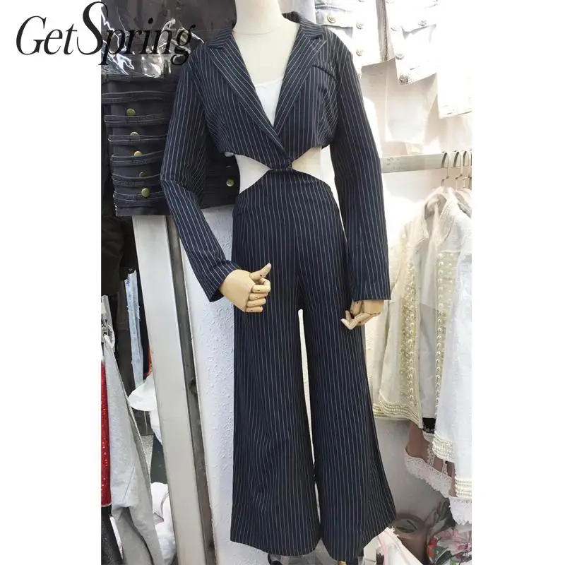 

GetSpring Women Jumpsuit Notched Long Sleeve Striped Rompers Womens Jumpsuit Hollow Out High Waist Women Rompers Autumn 2019 New