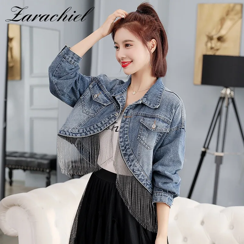 

New Fashion Irregular Denim Jacket 2019 Autumn Women Long Sleeved Single Button Beading Tassels Chains Jean Short Jacket Coats