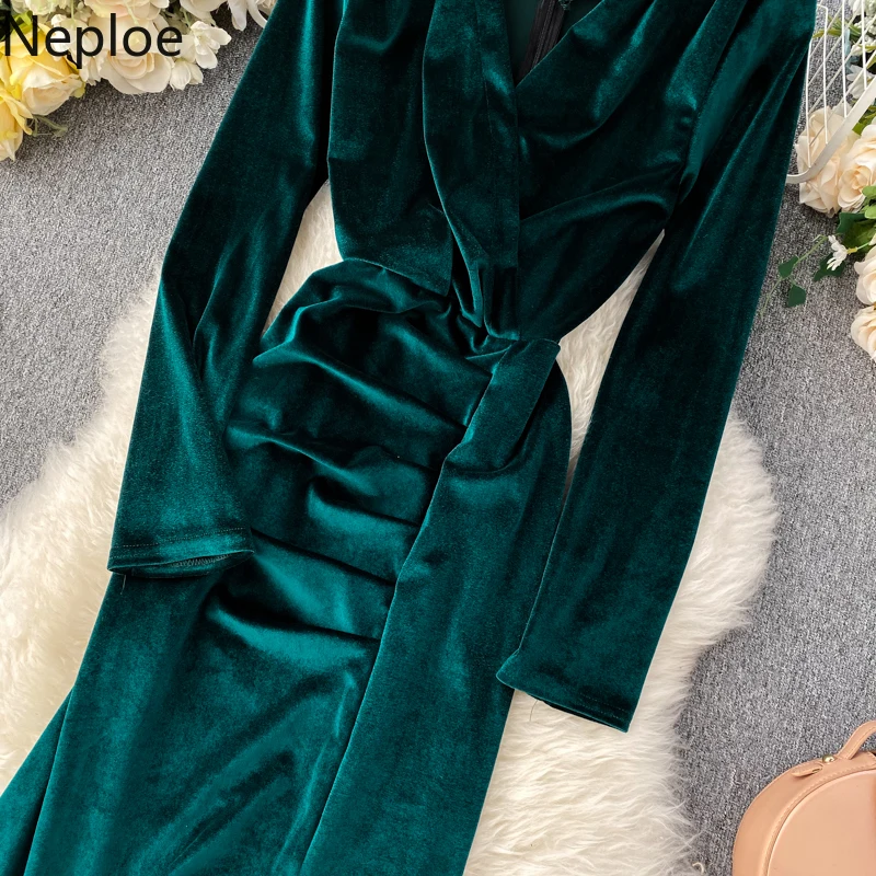 Neploe, v-образный вырез, сексуальное, тонкая талия, длинное, Vestido, темпераментные, вечерние, вельветовое, ТРАПЕЦИЕВИДНОЕ ПЛАТЬЕ С Высокой Талией, одноцветное, с длинным рукавом, весна, Ropa 47886