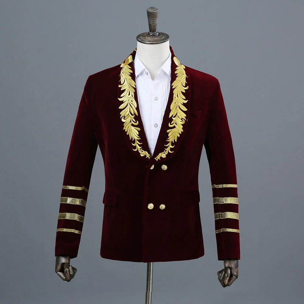 wine red jacket Сценическое шоу певица Двубортный повседневный мужской костюм куртка шаль воротник Королевский синий замша вышивка свободный черный блейзер дизайн - Цвет: wine red jacket