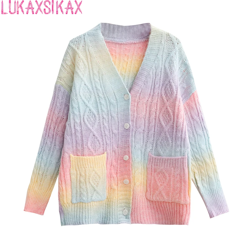 

LUKAXSIKAX 2021 New Autumn Winter Women Loose Cardigan Sweater Sweet Geometric Twisted Rainbow Knitted Cardigan