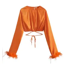

Orange Blouses Long Sleeves With Feather Y2k Clothes Chic Lady T-shirt Waist Ties Top Women Tops Sexy Long Sleeve T-shirts Party