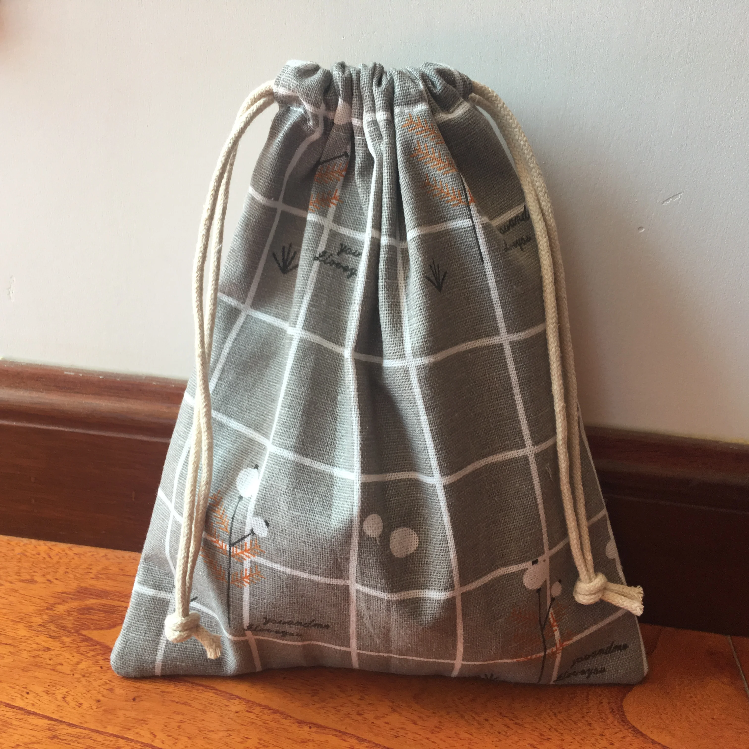 

1pc Cotton Linen Drawstring Multi-purpose Pouch Party Gift Bag Geometry Check Tree YI