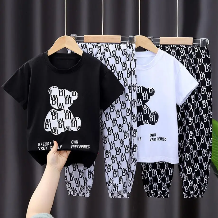 Kids Clothing Set Girls Boys Short Sleeves Love Bear Letter T-Shirt + Pants Baby Two-Piece Summer Fashion Korean Version Sportswear