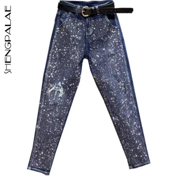 

SHENGPALAE Plus Size 2020 Fashion Summer New Jeans Women High Waist Skinny Heavy Work Diamond Hole Pencil Jeans ZA3848