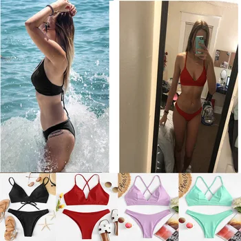 

Sexy solid color bikini multicolor split swimsuit women push up two pieces of beach clothes two piece swimsuit