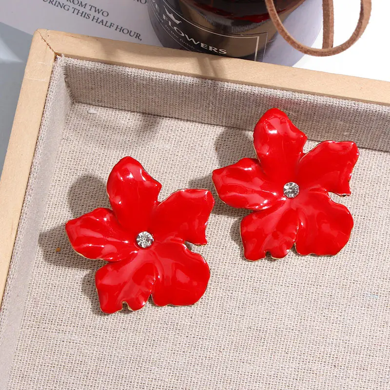 

Flatfoosie Korean Red Flower Stud Earrings For Women Girls Fashion Sweet Elegant Design Crystal Statement Earring Jewelry Gifts