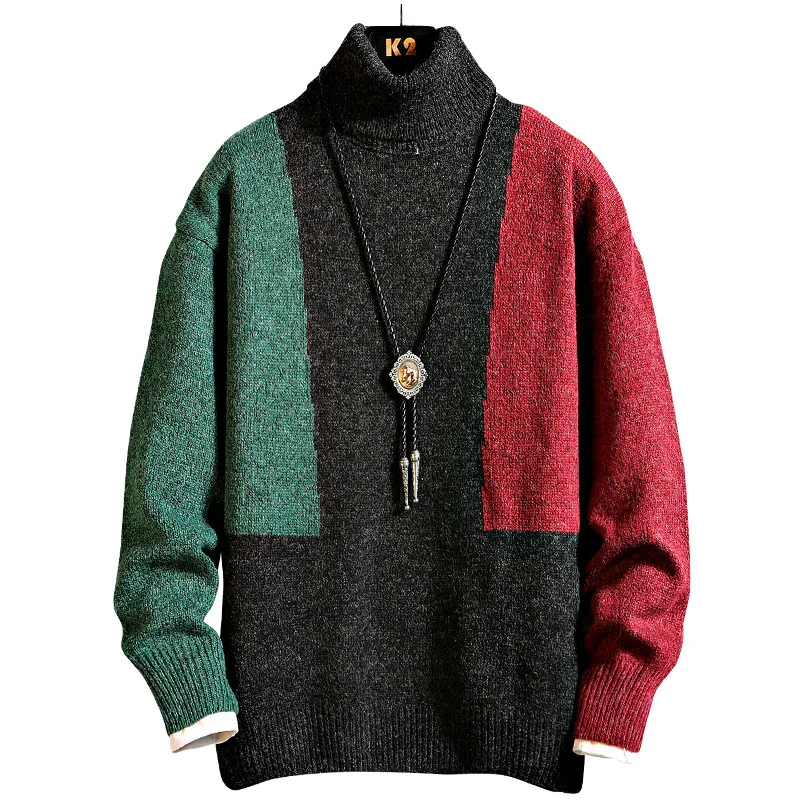 Зимний свитер с высоким воротником мужской теплый модный Контрастный ЦВЕТНОЙ Повседневный вязаный пуловер Мужской уличная свободный свитер с длинными рукавами