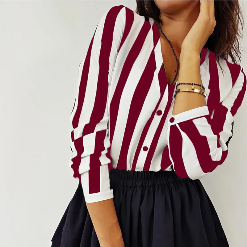 Blusa holgada informal a rayas para Otoño y oficina, camisa Sexy para mujer, 2021