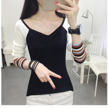 

Sweater Women Autumn Spring Stripes Print Slim Long Sleeved Round Collar Pullover Basic Multi-color Patchwork Casual Sweater