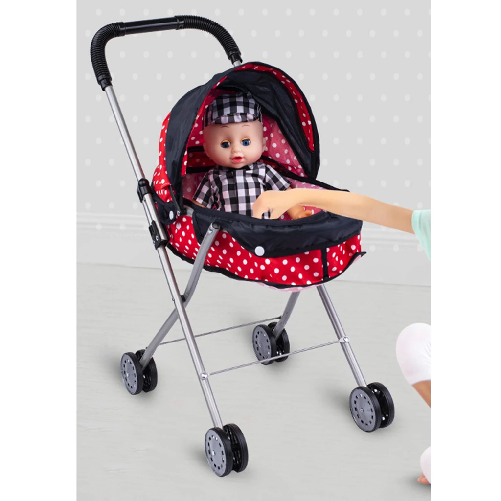Cute Large-capacity Plastic Dotted Baby Doll Stroller Trolley - Great Gift for Kids, Toddler Pretend Play Toys