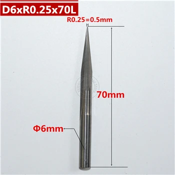 6 мм shank-1PCS, ЧПУ карбида вольфрама Концевая фреза, деревообрабатывающие вставки фрезы, конические сферические концевые фрезы, глубокий рельеф, pvcMDF - Длина режущей кромки: D6xR0.25x70L