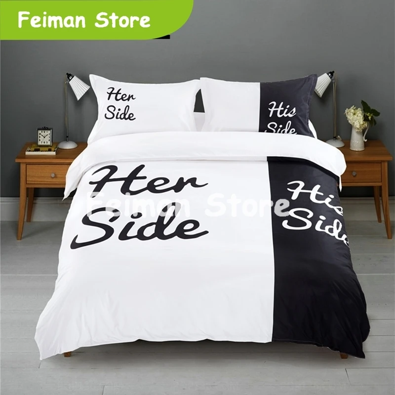 

Black And White Text Her Side His Side Bedding Sets 3/4pcs Duvet Cover Set Flat Sheet Pillowcases Multi-size