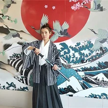 Самурайская Традиционная японская одежда в стиле кимоно для мужчин с длинным рукавом сценическое Ретро азиатское пальто древний костюм FF2333