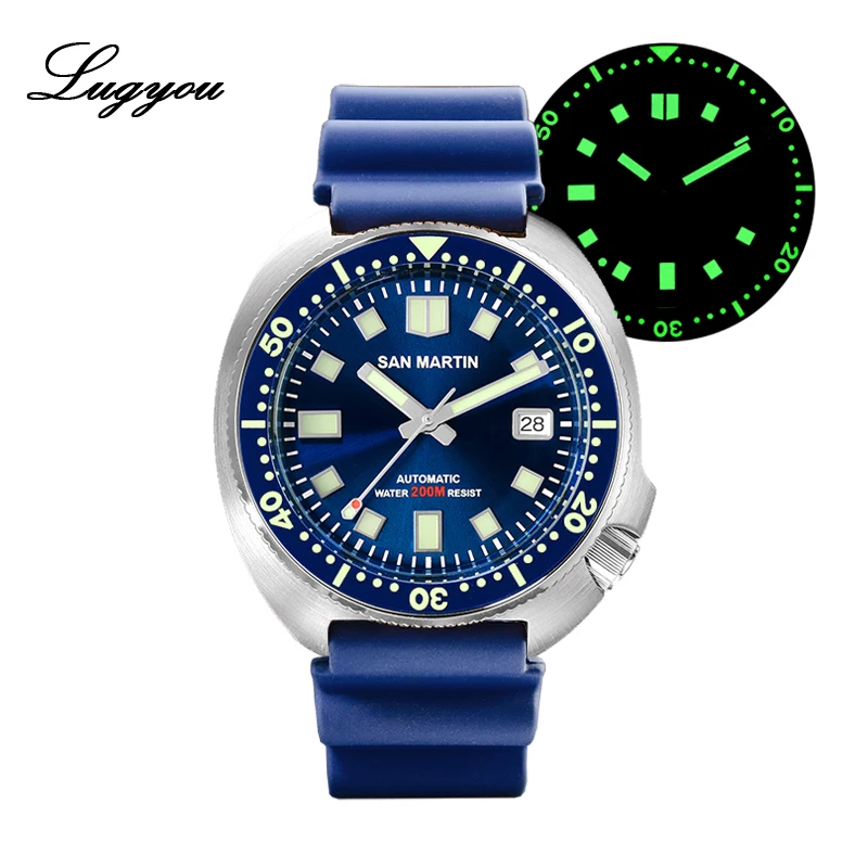 Lugyou Сан Мартин черепаха дайвер мужские часы нержавеющая сталь автоматический NH35 керамический вращающийся ободок сапфировое стекло Фтор Резина - Цвет: Blue Full Lum