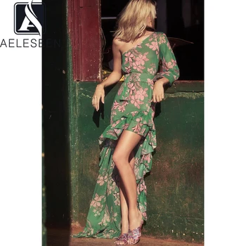 

AELESEEN 2020 Fashion Sexy Beach Dress Women Off The Shoulder Long Lantern Sleeve Flower Print Ruffles Irregular Party Dress
