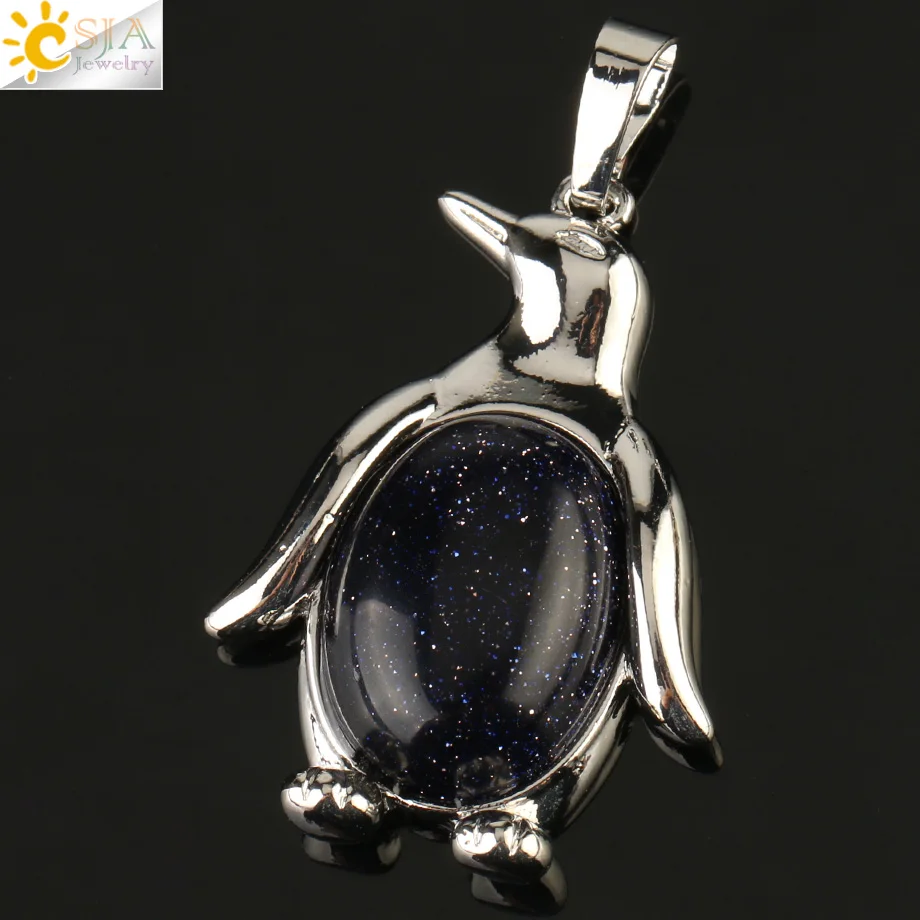 Blue Sand Csja Penguin Подвеска для ожерелья для женщин девочек натуральный камень криатальный тигровый глаз милые животные мужские модные ювелирные изделия подарок на день рождения G179 - Окраска металла: Blue Sand