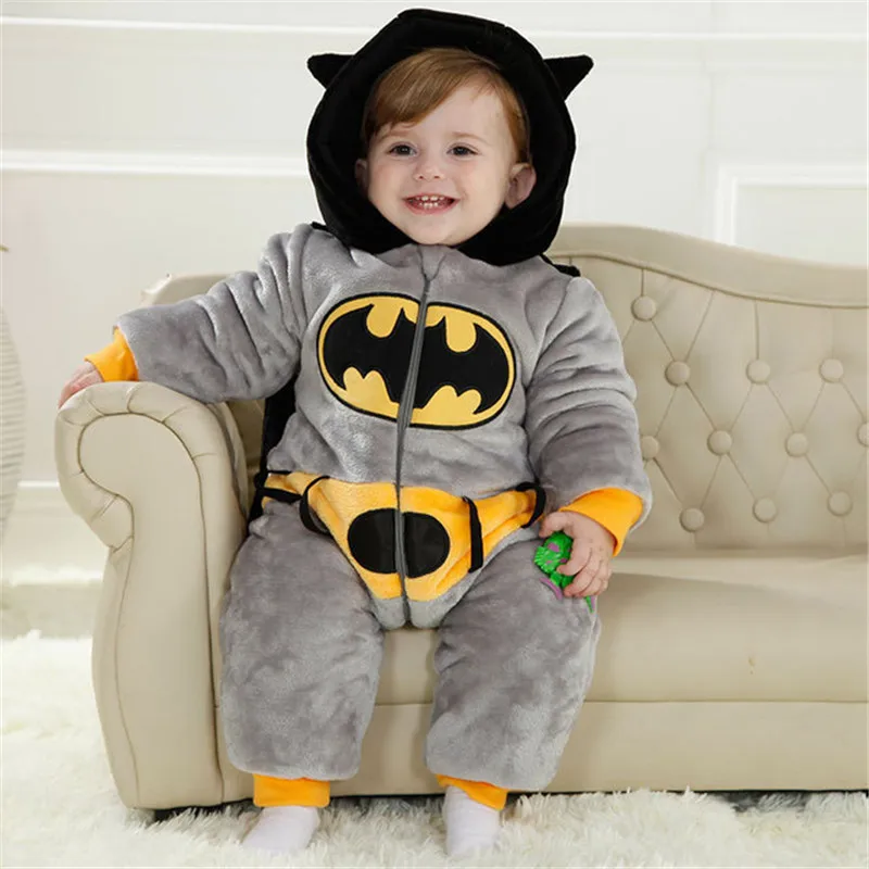 Baby Rompers Newborn Boys Girls Jumpsuit Clothes Hooded Pajamas Winter Warm Spiderman Batman Fleece Costumes roupas de bebe - Цвет: L