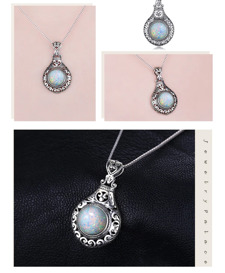 Vintage Sterling Silver Opal Heart Statement Pendant Necklace_voghion.com