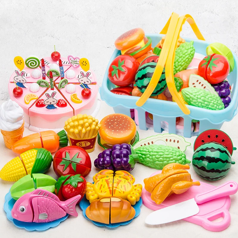 Kids Plastic Kitchen Toy Shopping Cart Set Cut Fruit and Vegetable Food Play House Simulation Toys Early Education Girl Gifts