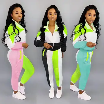 

TWO PIECE SET Women Clothing Tracksuit Patchwork Jogger Pants Sweat Suit Jacket Female Sweatsuits 2 PIECE SET CONTRAST Color