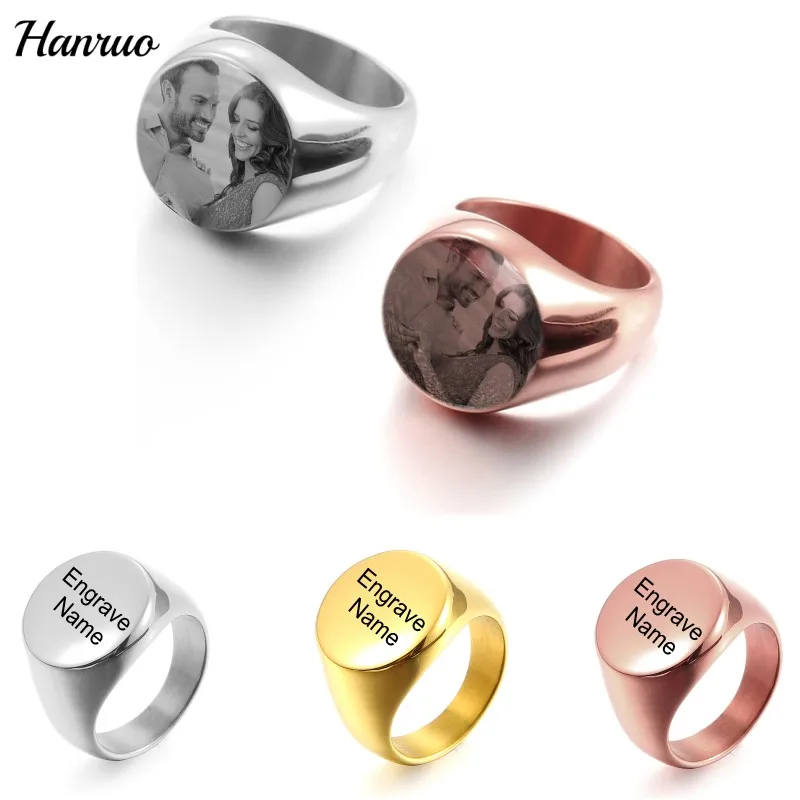 Anillo de acero inoxidable con foto personalizada para hombre y mujer, anillo con grabado de nombre y logotipo, joyería para dedo