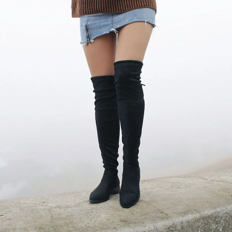 KemeKiss Women Winter Boots Autumn All Match Elastic Fabric Over The Knee High Shoes Square Flats Women Boots Size 34-43
