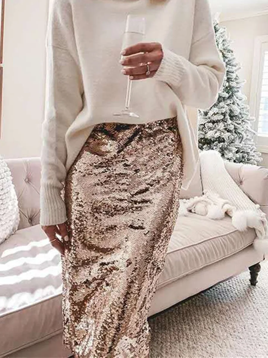 de tubo brillante con lentejuelas doradas para mujer, Midi ajustadas de cintura alta, ropa de trabajo elegante para oficina, moda de Navidad _ - Mobile