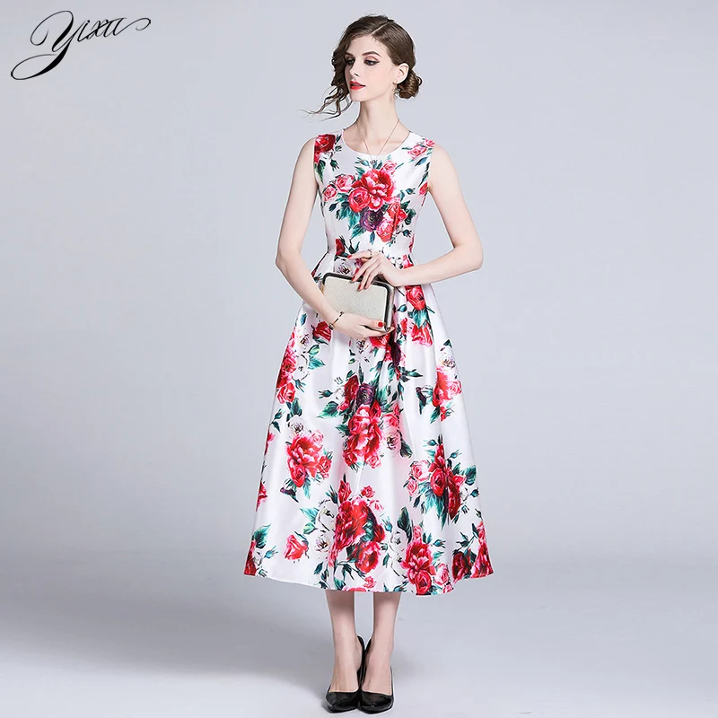 

Autumn New Woman A-line Dress O-neck Female Sleeveless Mid Dresses Floral Printed Ladies Slim Party Dresses for OL