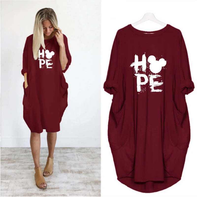 

2019 Dress Hope Letter Print Pocket Loose Mickey Dresses Vintage Autumn Woman Party Casual Dresses Women Plus Size Dress