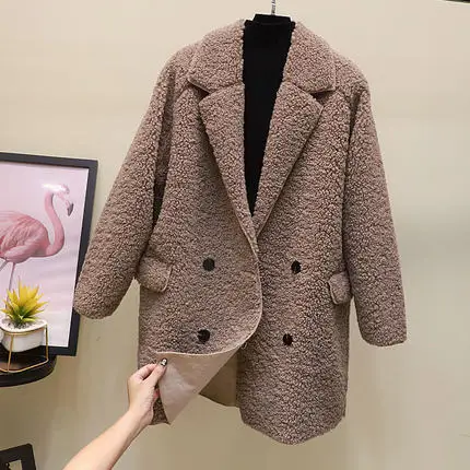 Elegant Faux Fur Coat Women Autumn Winter Thick Warm Luxury Fur Jacket Double breasted OverCoat Female Teddy coat Loose Fur coat