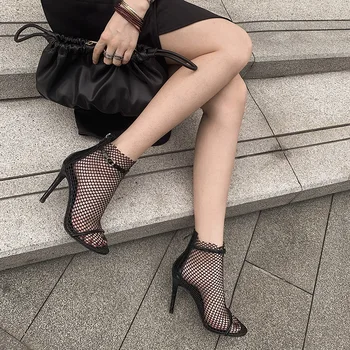 

Summer Sexy Mesh Boots Women Thin High Heels Ankle Strap Sandals Ladies Dinner Party Shoes Black Ankle Boots Stocking Sock Boots