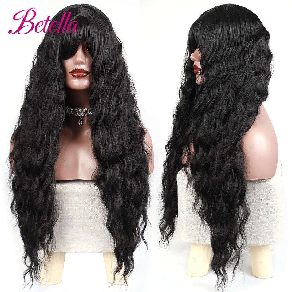 

Betella Long Water Wave Blue High Temperature Wigs for Black White Women Afro Cosplay Party Daily Synthetic Hair Wigs with Bang