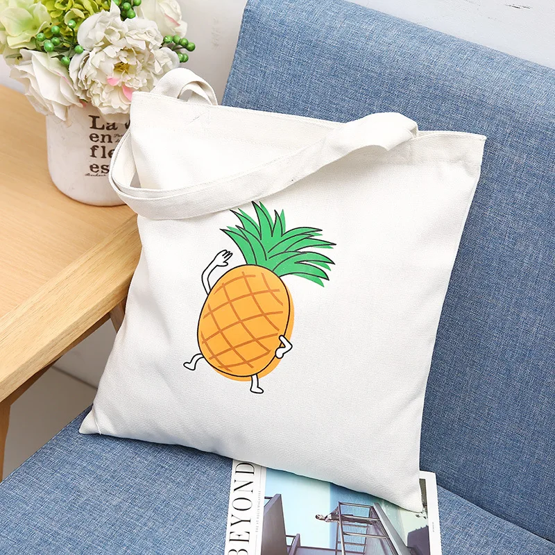 Большая вместительная Холщовая Сумка-тоут, хлопковая холщовая многоразовая сумка для покупок, женские пляжные сумки, сумки для покупок с фруктовым принтом - Цвет: pineapple white