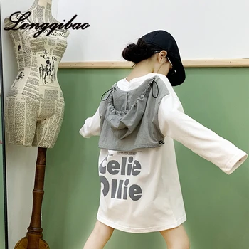 

Baby girl loose letter print stitching hooded foreign T-shirt 2019 autumn new fashion long long-sleeved T-shirt