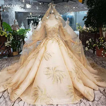 شراءLS20414 الشمبانيا فساتين الزفاف مع طرحة زفاف فانوس كم الخامس الرقبة الدانتيل يصل الظهر فستان الزفاف الدانتيل الذهبي