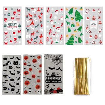 

50Pcs Xmas Self-adhesive Cookie Packing Plastic Bags Christmas Cellophane Party Bags Treat Candy Bag Festival Party Favor Gift