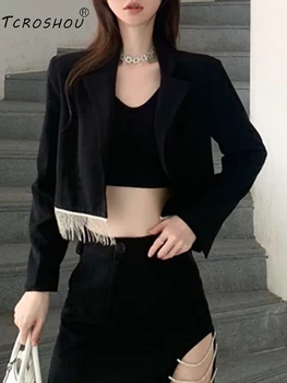 

Heavy craftsmanship hem stitching tassels diamond-studded chain suit collar short coat ladies autumn new fashion all-match top