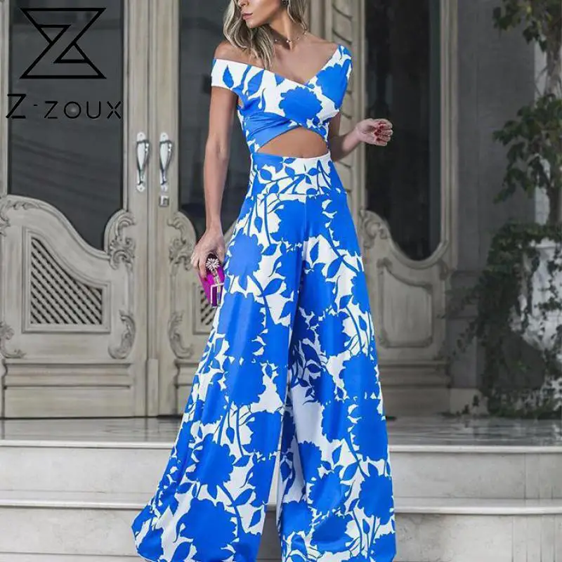 Z-zoux Women Jumpsuit V-neck Off Shoulder Print Rompers Womens Jumpsuit Hollow Out Long Wide Leg Bodysuit Women 2020 New Fashion Z-zoux Women Jumpsuit V-neck Off Shoulder Print Rompers Womens Jumpsuit Hollow Out Long Wide Leg Bodysuit Women 2020 New Fashion