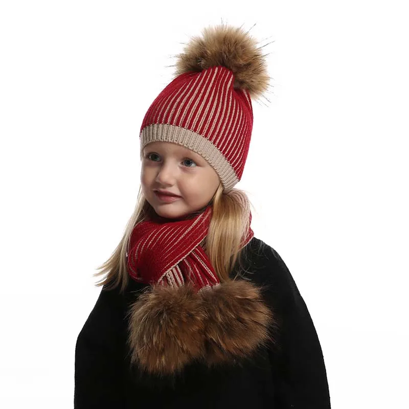 Baby Winter Hat For Girls Boys Real Fur Pompom Kids Hat and Scarf Set Striped Knitted Beanies Skullies