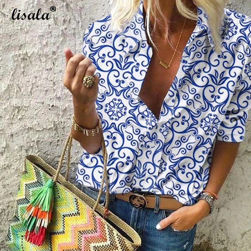 

LISALA 2019 New Womens Totem Pattern Ethnic Vintage Blouse ladies v neck boho Shirts loose Tops