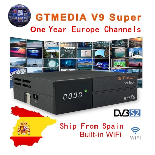 

GTmedia V9 Super Digital Satellite TV Receiver built-in WIFI HD 1080P with one year Europe Channels DVB-S2 H.265 DRE &Biss key