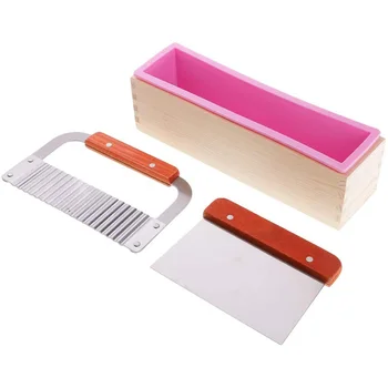 

Flexible Rectangle Soap Silicone Loaf Mold Wood Box and Wavy Straight Scraper Cutter Cutting Tool Soap Making Supplies