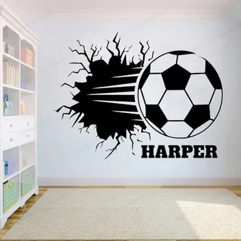 

Soccer Ball Breaking Wall Decal Personalized custom name Sports wall sticker vinyl Kids Room decor art mural HJ1087