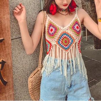 

Thailand Travel Bohemian Indie Folk Knitting by hand Camis Tassel Colorful Splice Women Short Crop Tops Tank tops