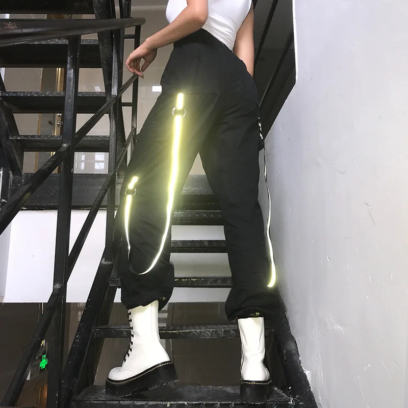 NCLAGEN Cargo Pants High Waist Reflective Ribbons Cool Lady Hip Hop Streetwear Women Pant Fashion Loose Casual Harajuku Capris NCLAGEN Cargo Pants High Waist Reflective Ribbons Cool Lady Hip Hop Streetwear Women Pant Fashion Loose Casual Harajuku Capris