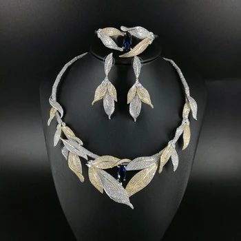 

2019 NEW FASHION leaf BLUE CZ zircon necklace earring bracelet ring set wedding bridal banquet dinner dressing jewelry set