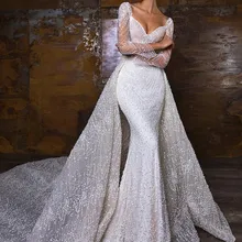 Wedding Dress Mermaid Lace Elegant Sweetheart Neckline Full Sleeves 2 in 1 Long Plus Sizes Bride-Gown